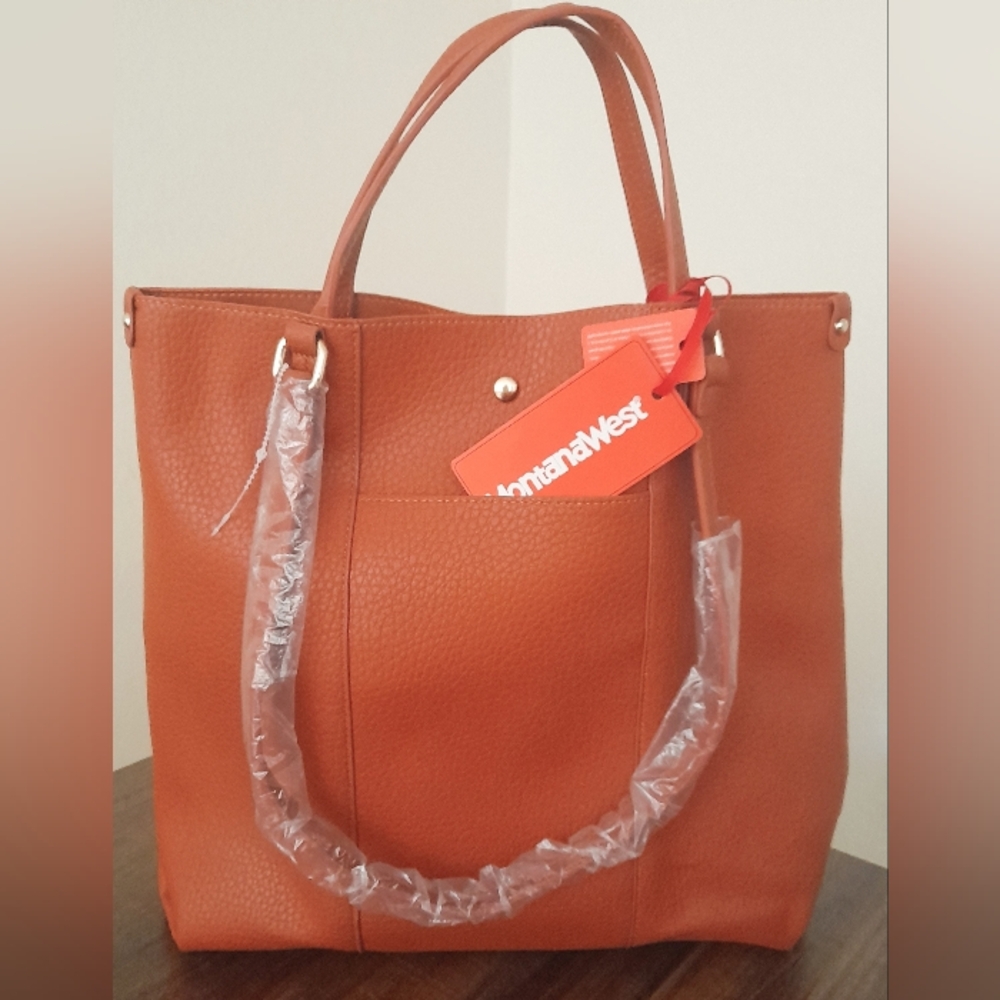 Montana West Cognac Pebbled Tote with Front Pocket